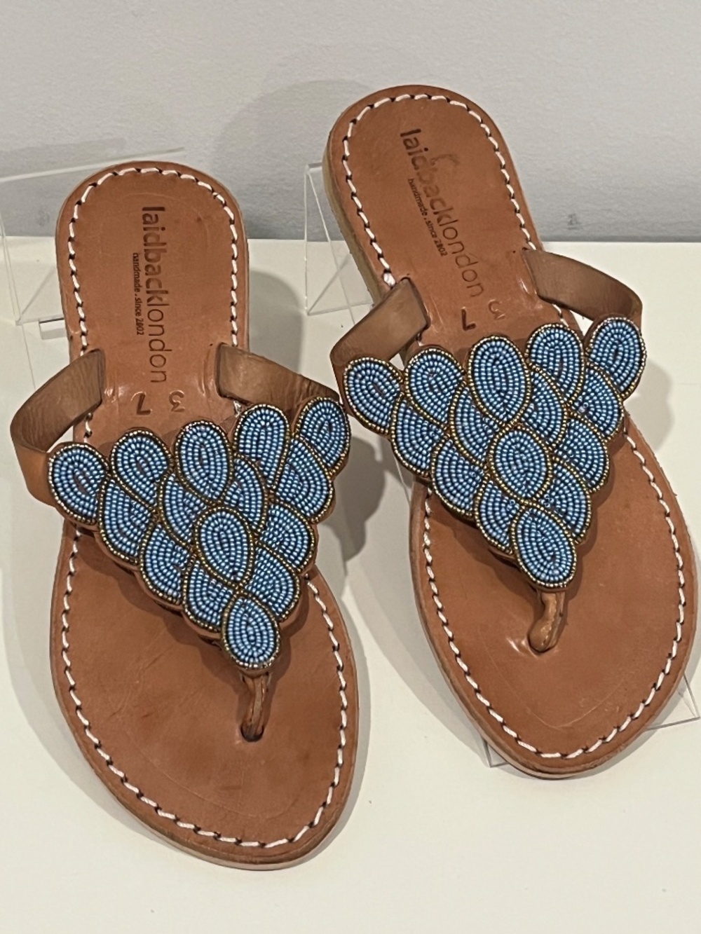 NEW Laidback London Beaded Leather Sandal Flip Flop Light Blue Size 37 US 7